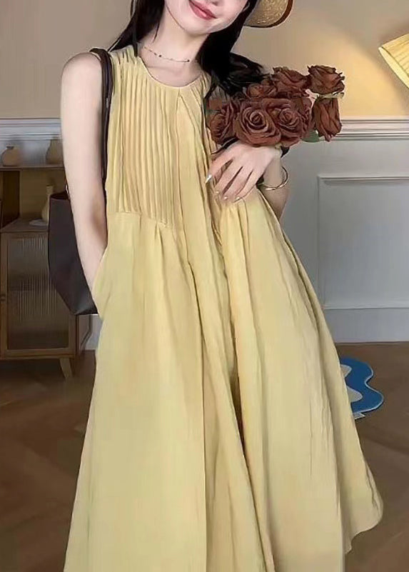 Elegant Yellow O Neck Pockets Cotton Long Dress Sleeveless TT1048