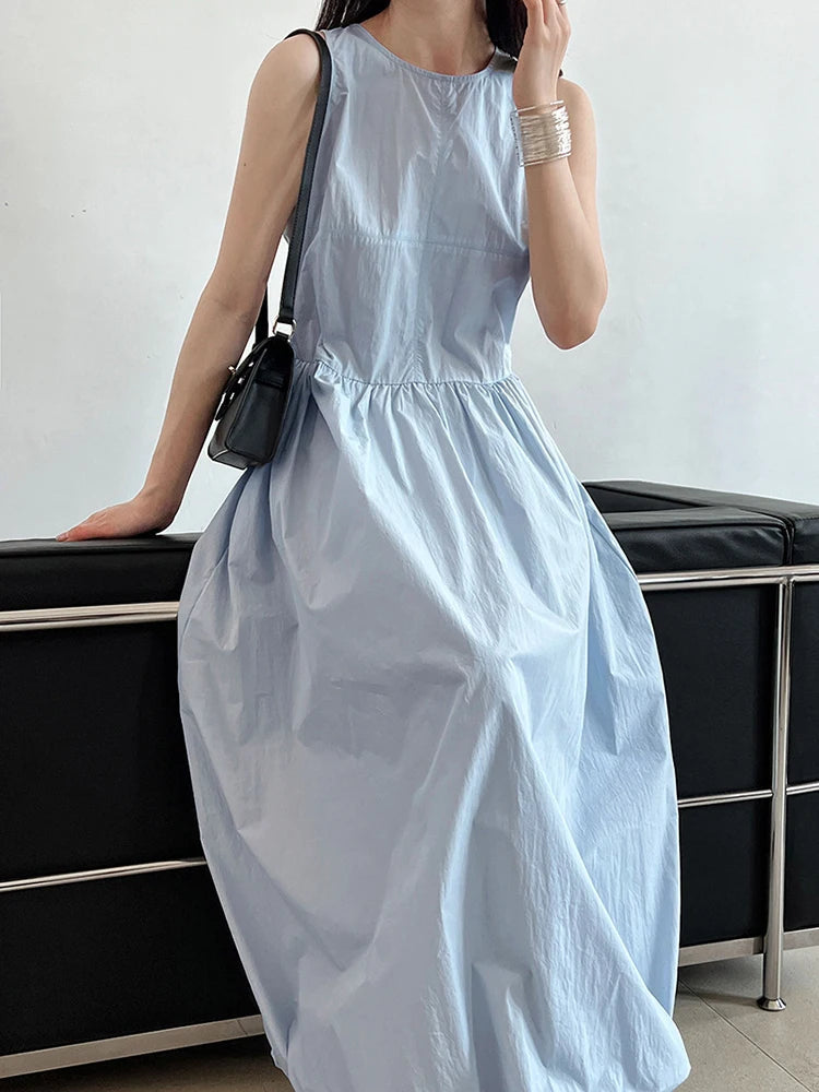 Simple Blue Puff Patchwork Dress Sleeveless O-neck Hem