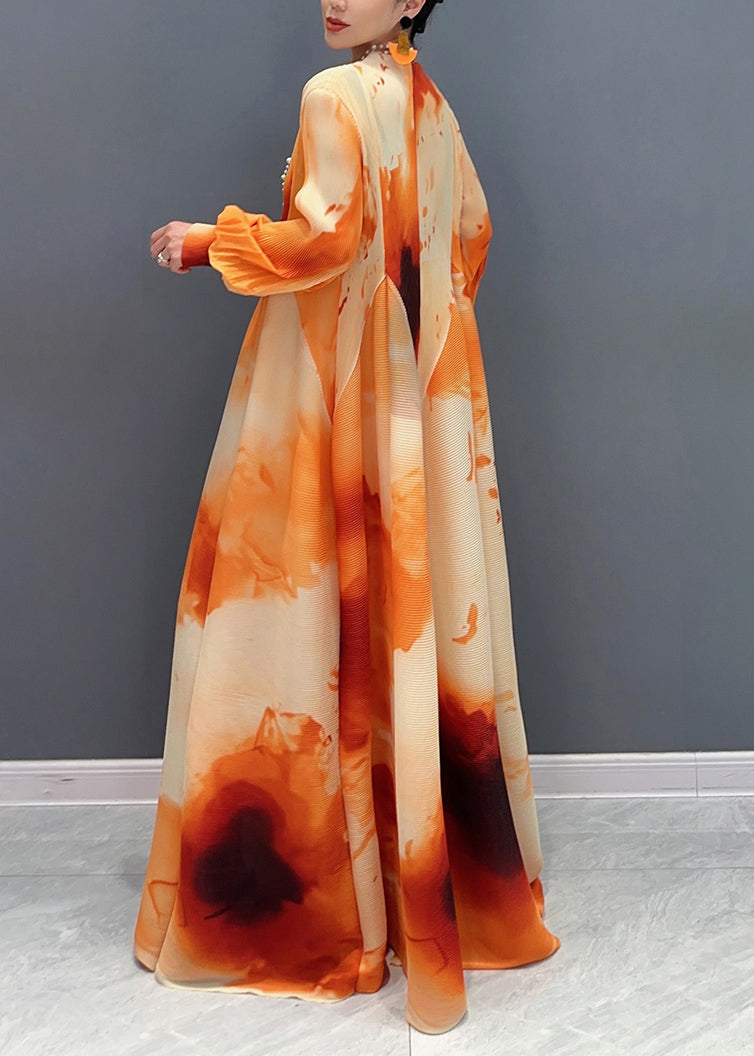 Dress Long Spring Chiffon Orange Collar Chic Wrinkled Stand