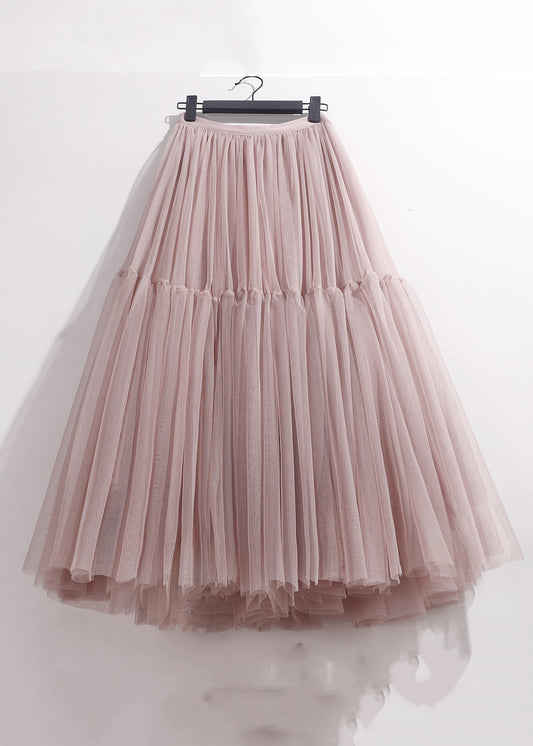 Pink Pleated Waist Loose Patchwork Summer Skirt High Tulle