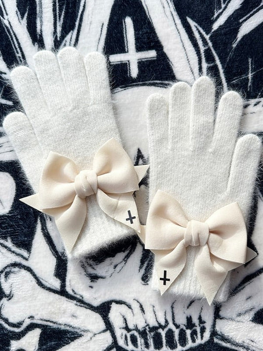 Pads Gothic Cross Bowknot Cutout at Finger Black Print White With Details Gloves