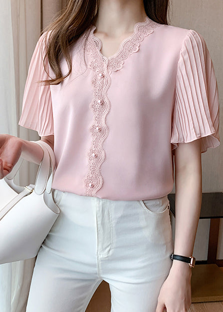 Bead Chiffon Shirt Top Patchwork Summer Pink Nail Italian Lace