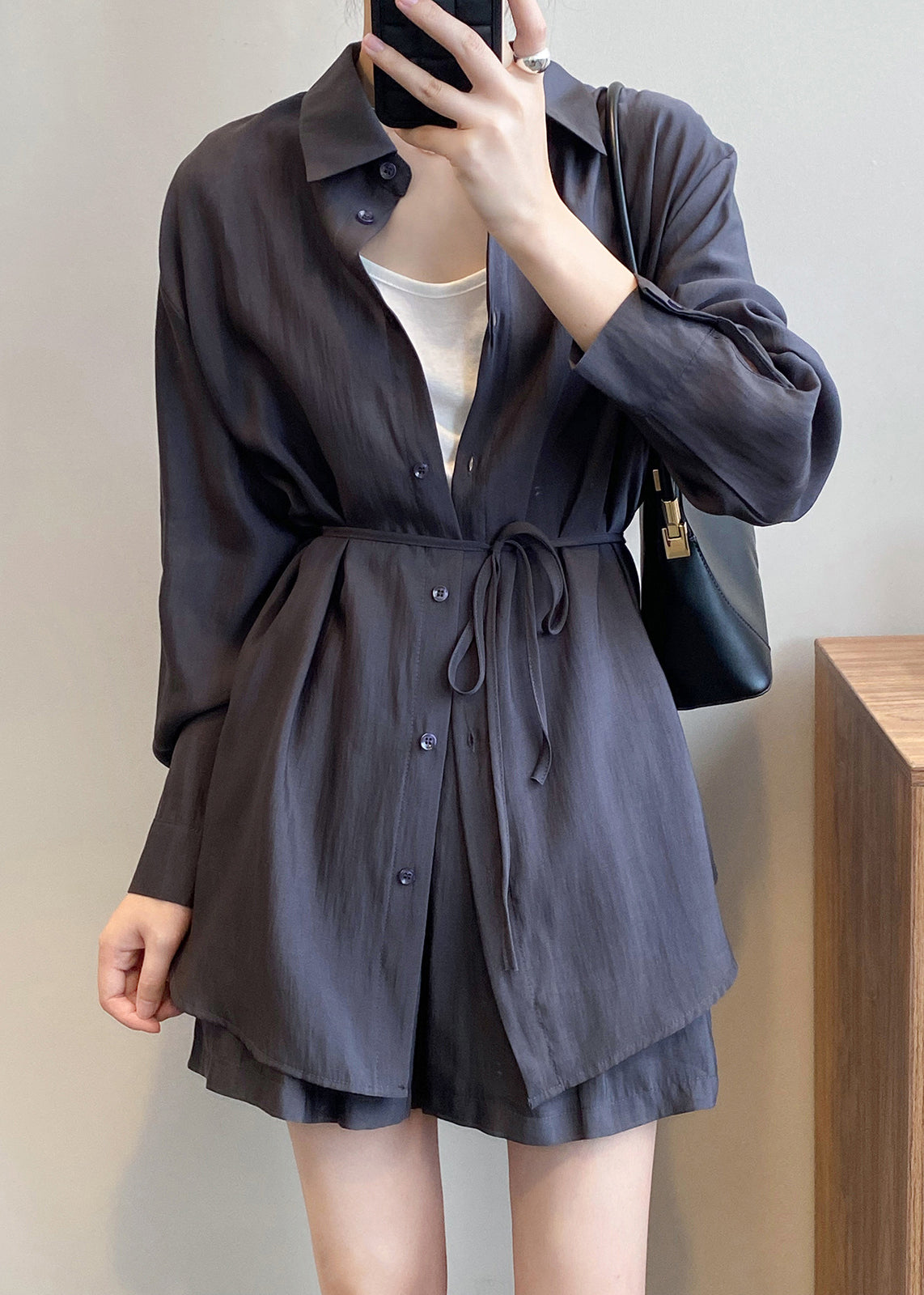 Gray Peter Solid Collar Two-Piece Pan Set Silk Spring Dark Button