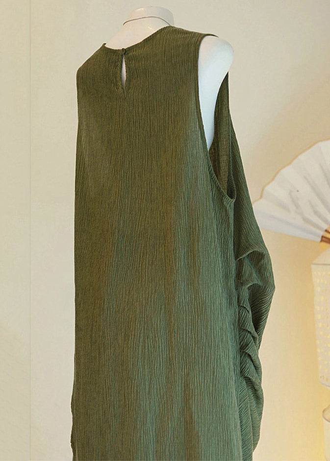 Pieces Button Green Cotton Asymmetrical Women Sleeveless Two Set