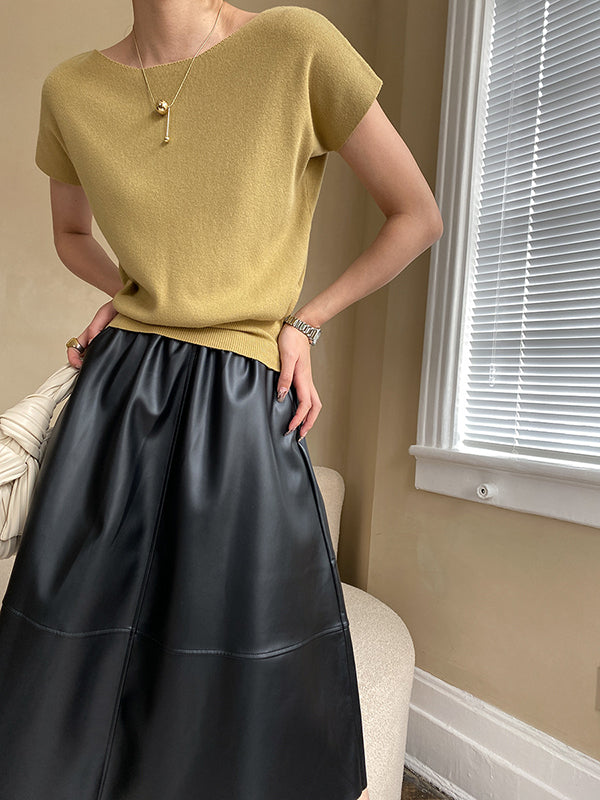 Short Neck Top Stylish Pink Boat Knit Sleeve Loose