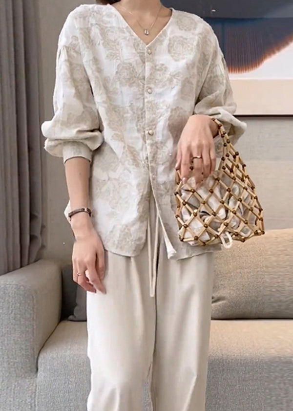 Shirts Cotton Neck V Button Spring Jacquard Casual Apricot