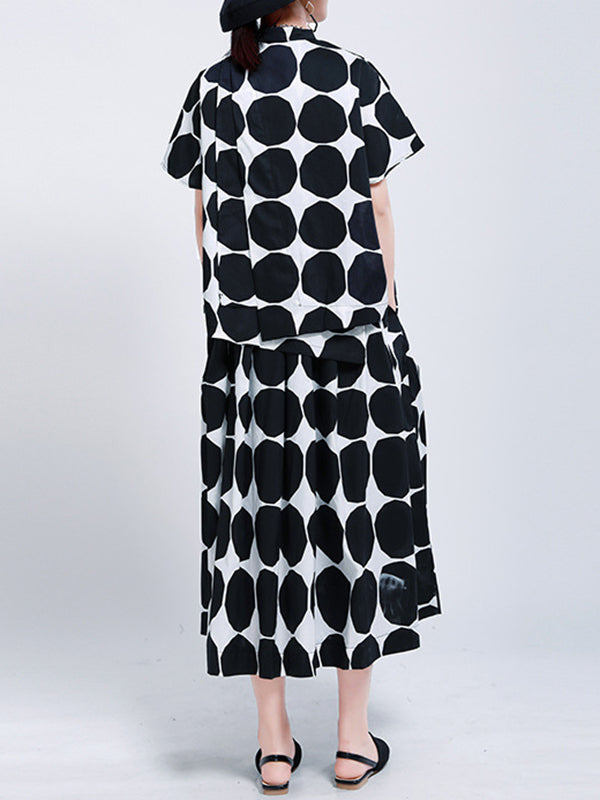 Mock Stylish Polka-Dot Shirt High Black Buttoned Neck Pockets