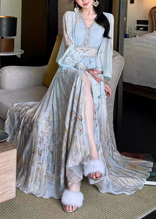 Blue Maxi Chiffon Dresses Stylish V Spring Waist High Neck Print