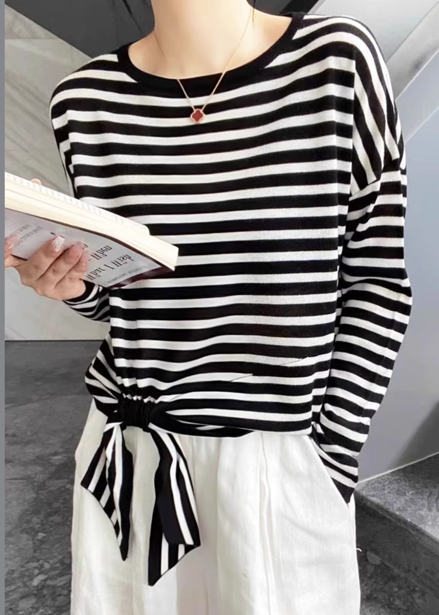 Shirt Loose Black O Striped Up Spring Cotton Neck Lace T