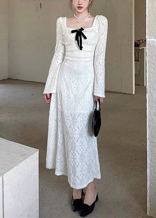 Collar Square Spring White Elegant Cotton Hollow Dresses Long Out