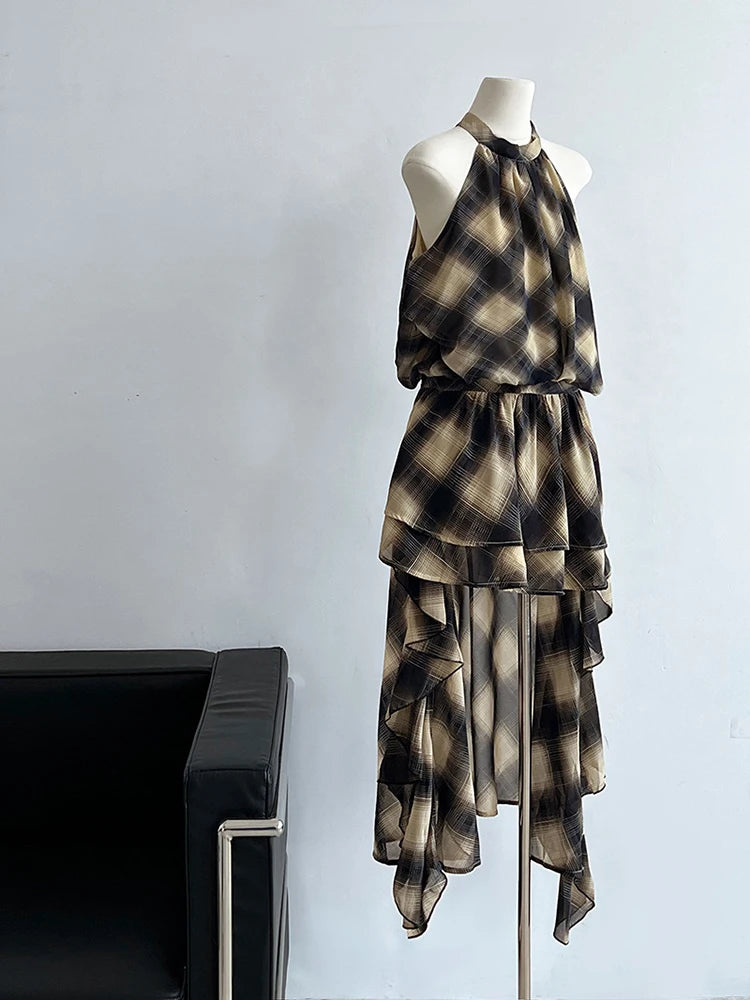 Khaki Top Plaid Asymmetric Halter Sleeveless Neck Uniaue High-Low