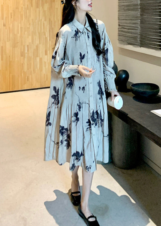 Long Wrinkled Lantern Print Button Chinese Dresses Collar Style