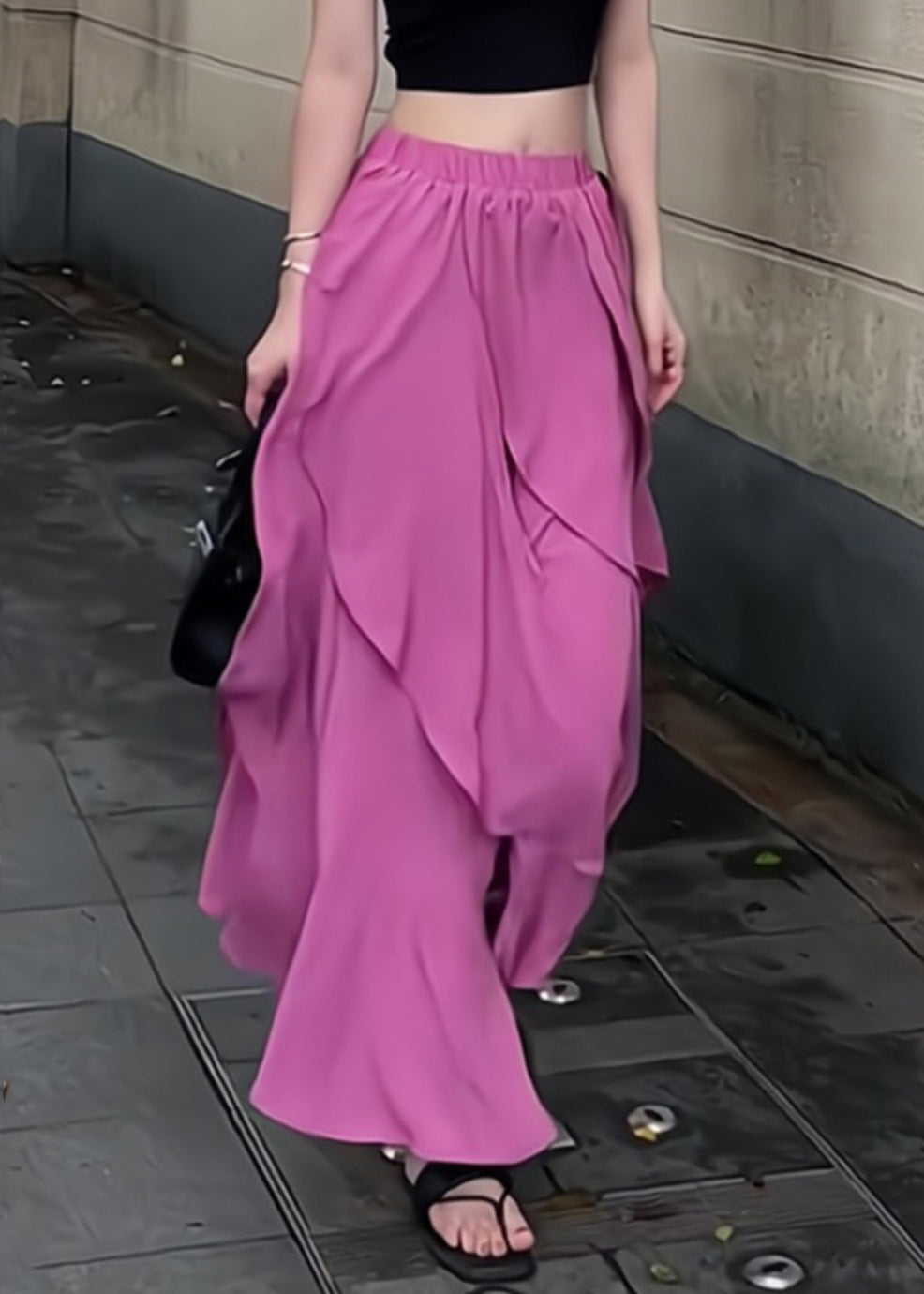 Organic Summer Maxi Elastic Waist Skirt Purple Patchwork Ruffled