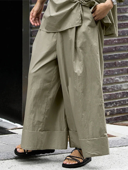 Waist Wide-Leg Pants Organic Elastic Khaki