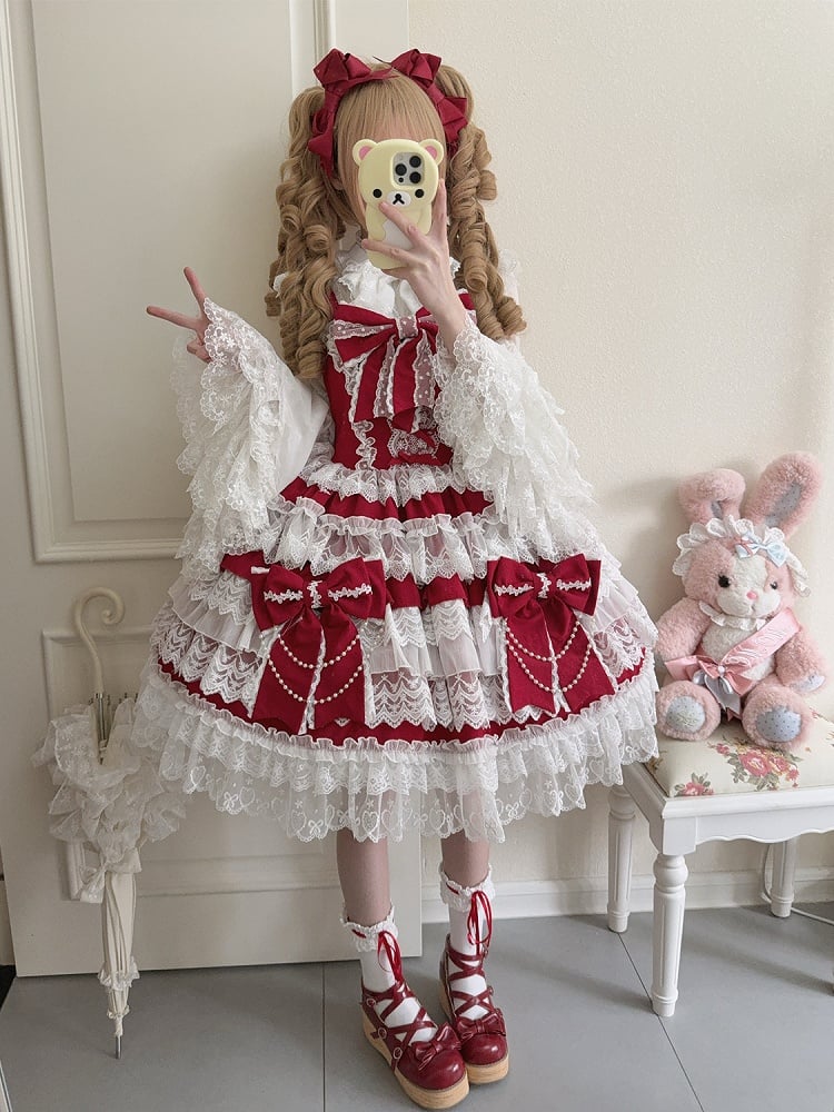 Lolita Red Bows Dress Tiered Skirt Decoration Big Hanayome