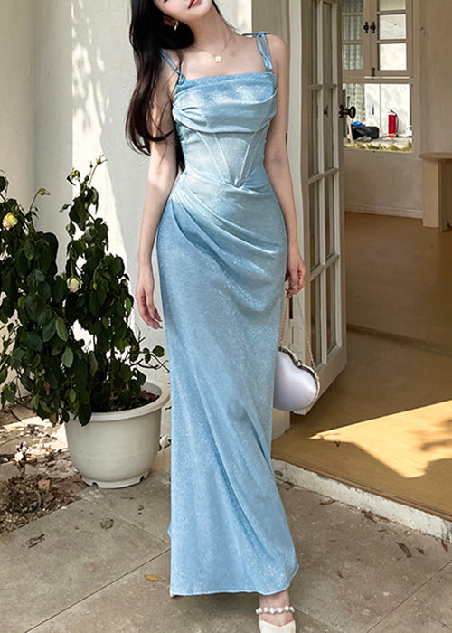 Spaghetti Dinner Design Dress Wrinkled Original Blue Strap