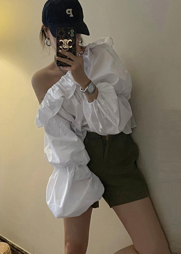 Blouse Shoulder Cotton French Cold Puff Top White Sleeve