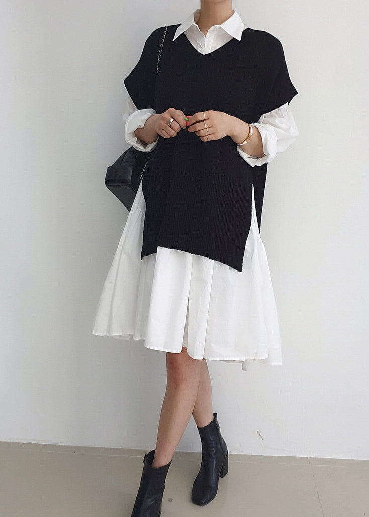 Dresses Vests Set Side Open Stylish Two Pieces Shirt And Knit