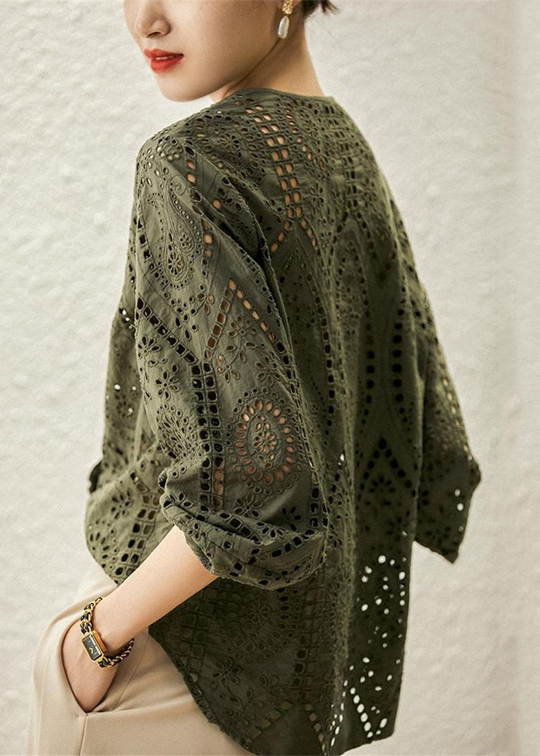 Women Neck Sleeve Hollow Out Light Long Blouses Khaki O Cotton