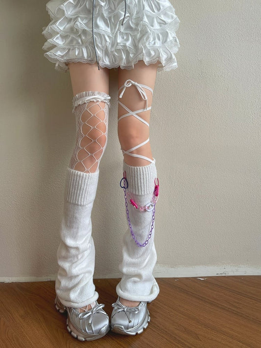 Leg Chain Stockings/Leg Overknee Warmers Cut-out Design /Lace White