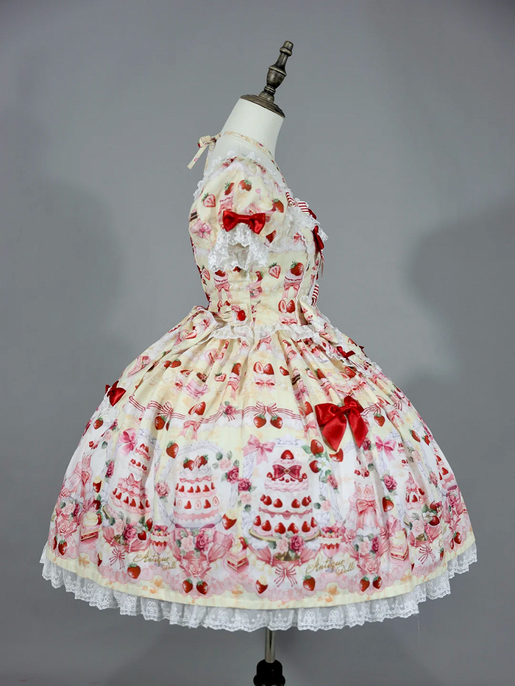 Full Accents Lolita Sweet Cake Print Bow / Dress Set Yellow Strawberry