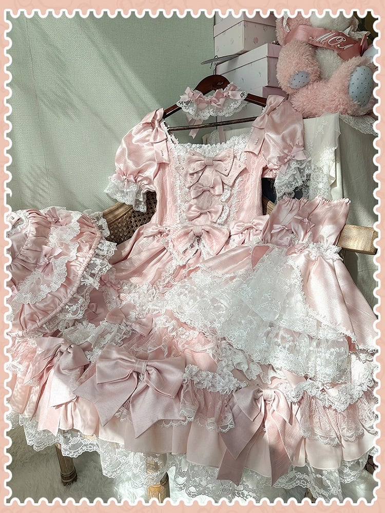 Waist Bow Princess Accents Sweet Sleeves Dress Lolita High Pink with Detachable