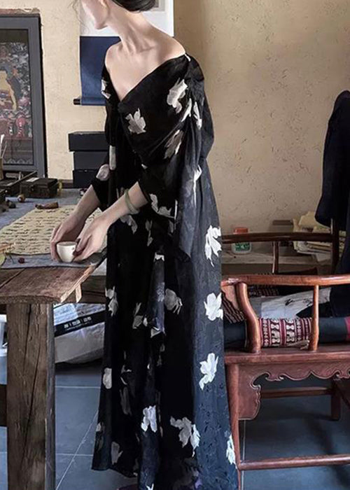 Stylish Black V Neck Print Chiffon Long Dress Half Sleeve QP027