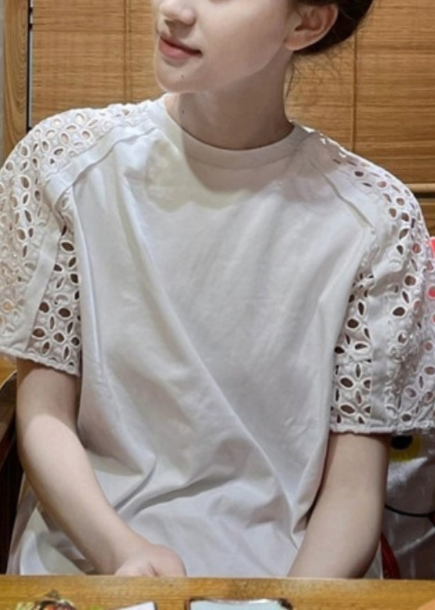 Chic White O-Neck Hollow Out T Shirt Short Sleeve TT1040