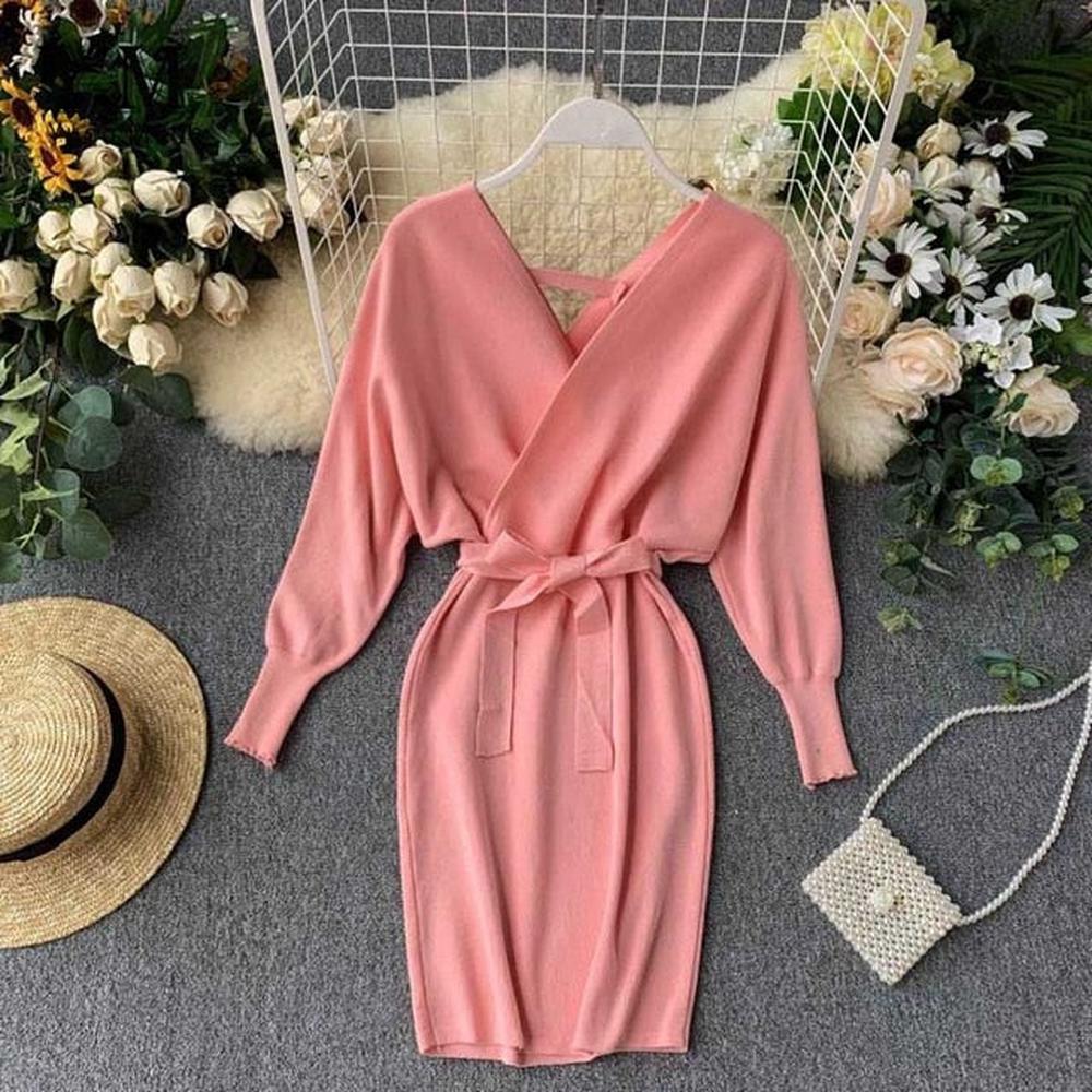 Elegant Beige V Neck Tie Waist Long Batwing Sleeve Dress