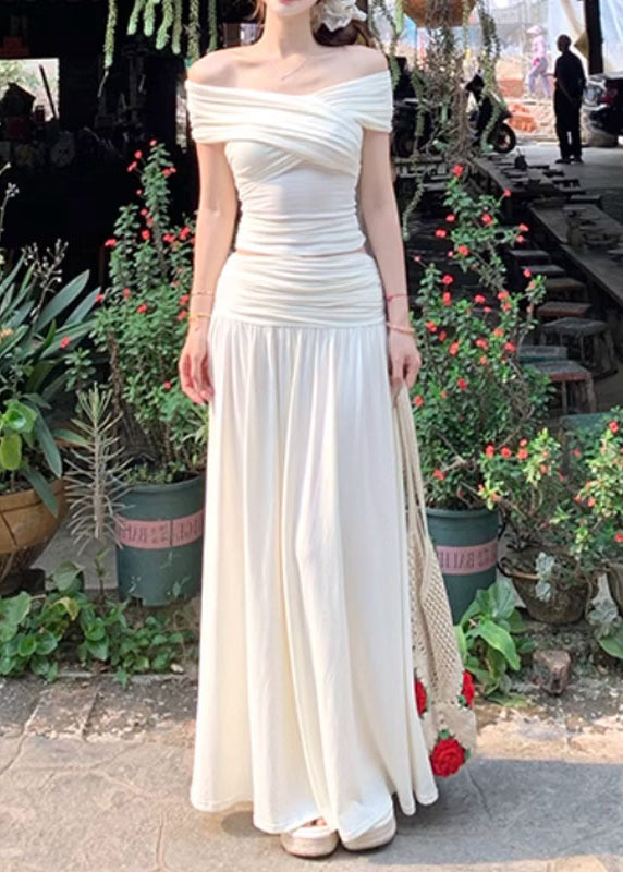 Wrinkled Summer Skirts Set Pieces Tops Art Two And Beige Cotton