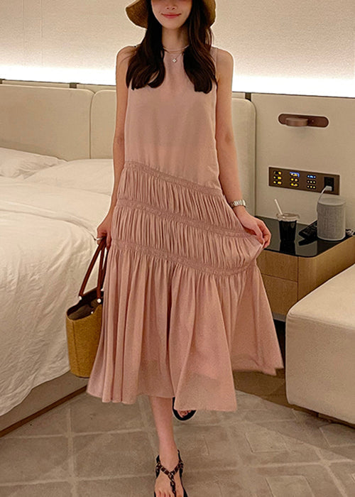 Elegant Pink Wrinkled Solid Long Dress Sleeveless QP036