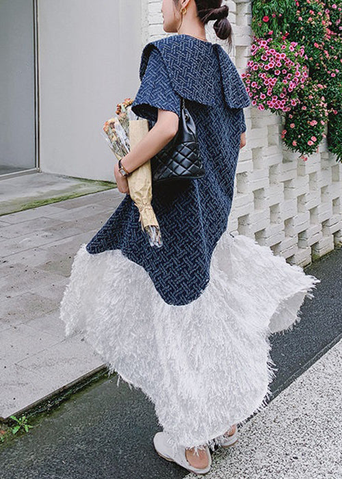 French Blue Peter Pan Collar Patchwork Denim Dress Summer