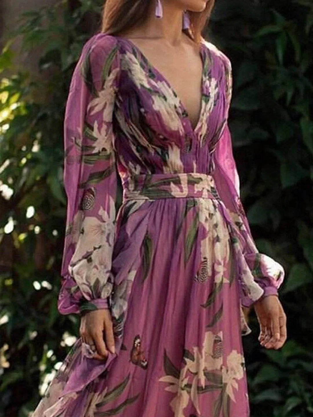 Floral Butterfly Elegant Pattern Neck V Maxi Dress