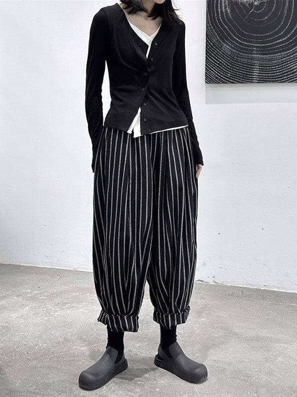 Cool High-Waisted Harem Split-Joint Pants Striped Pattern