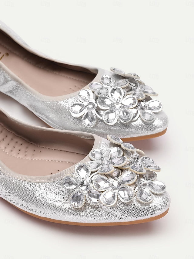Foldable Women's Flats with Rhinestone Silver