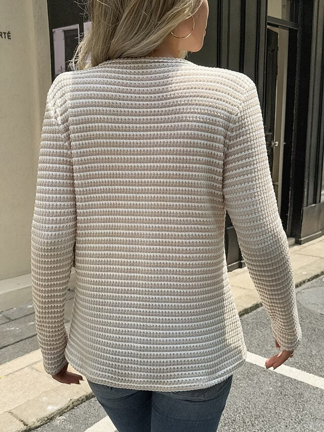 Women's Striped Knit Tops Tee Buttons Stylish Classic
