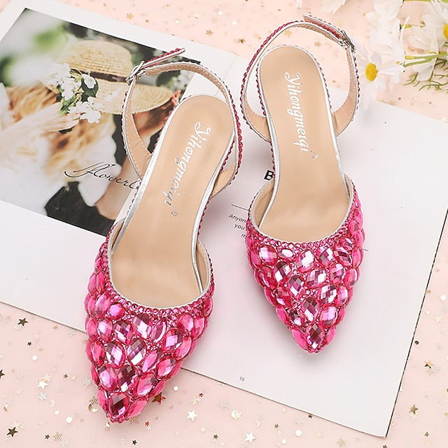 Women's Slingback Crystal Pointed-Toe Heels Rhinestone High