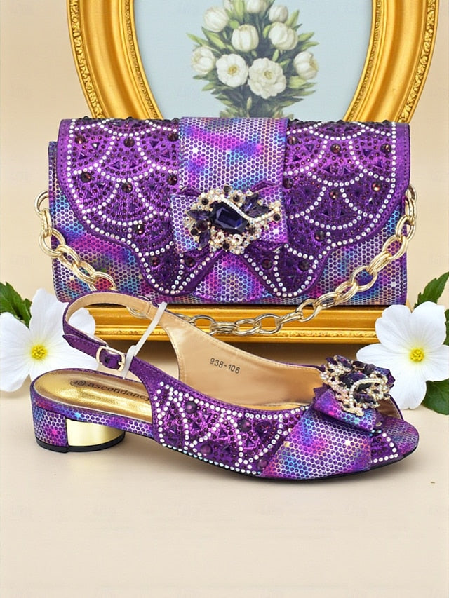 Matching Women's Heels Gold Slingback and Rhinestone Clutch