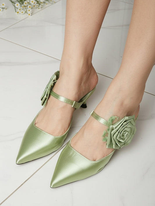 Toe Floral Heels with Green Women's Pointed Ankle Satin