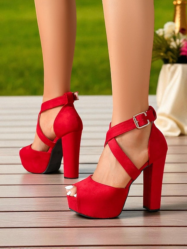 Cross Toe Suede Red Sandals Peep Platform Strap - Women's