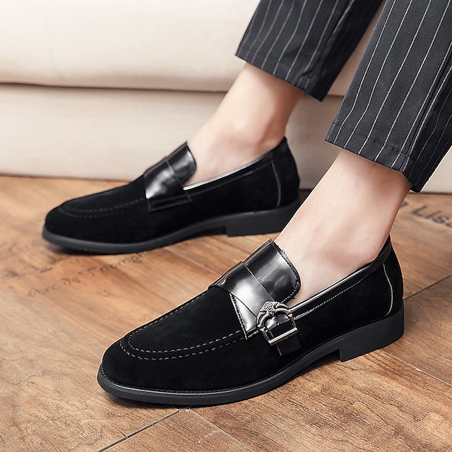Strap Men's Leather Metal Loafers Suede with and Patent