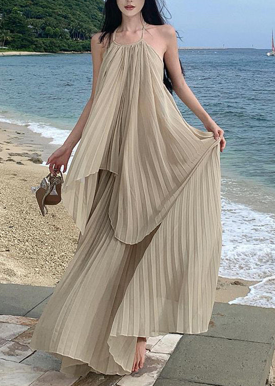 Vacation Organ Pleated Asymmetrical Backless Two Pieces Set Dress TT1030