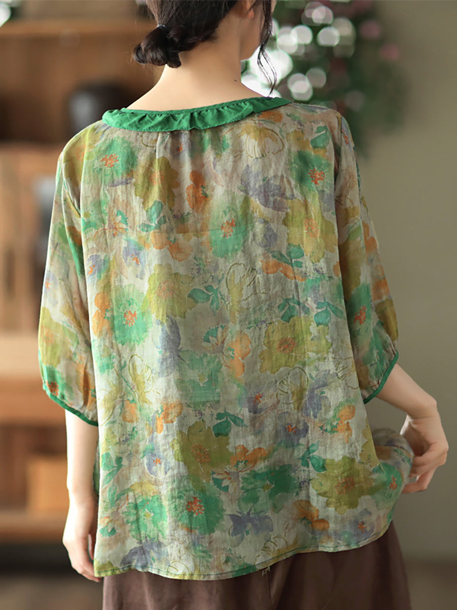 Plus Size Floral Ramie Vintage Summer Women Shirt RR1061