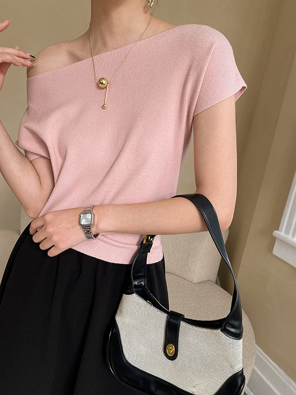 Short Neck Top Stylish Pink Boat Knit Sleeve Loose