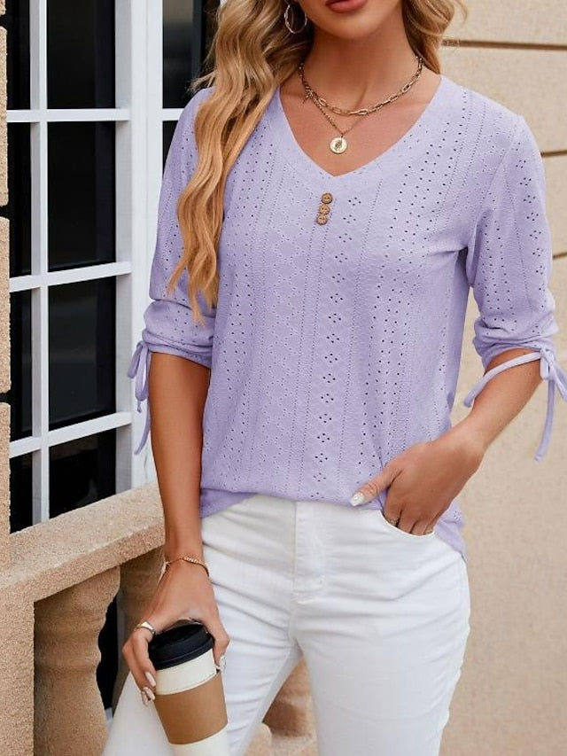 Women's White Elegant Lace Tops Eyelet Blouse Stylish