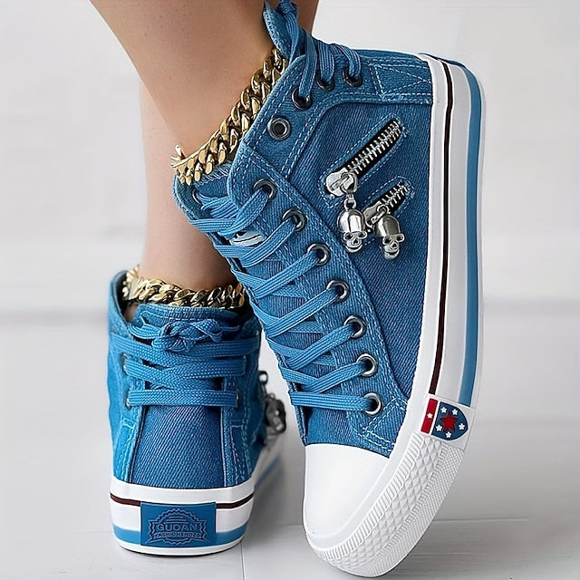 Women's Blue Denim High-Top Sneakers with Skull Charms and