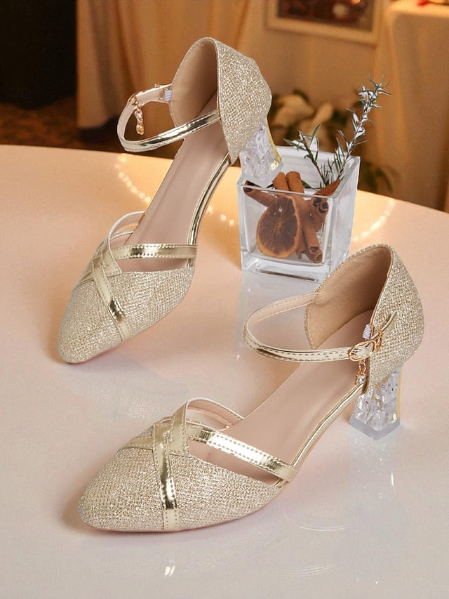 Pumps Ankle Block Elegant - Heel Gold Strap Glitter Women's