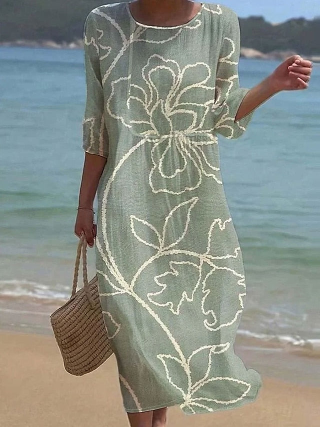 Women's Maxi Dress Kaftan 3/4 Length Sleeve Crew Neck