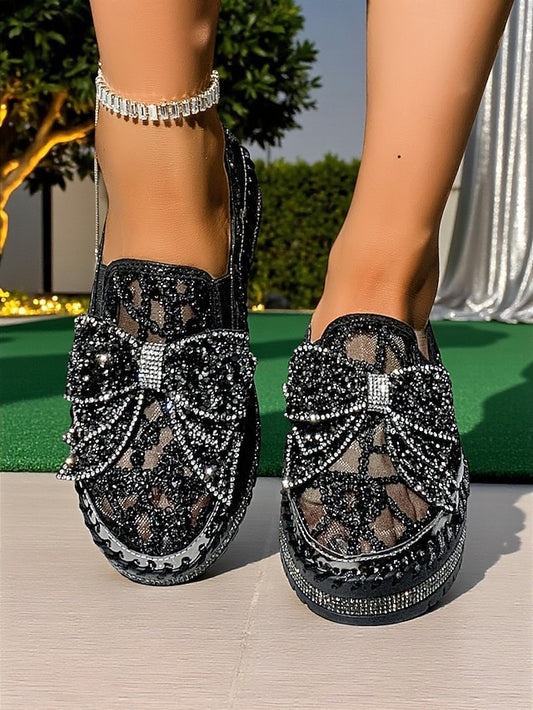Black Shoes with Lace Slip-On Women's Rhinestone Bow