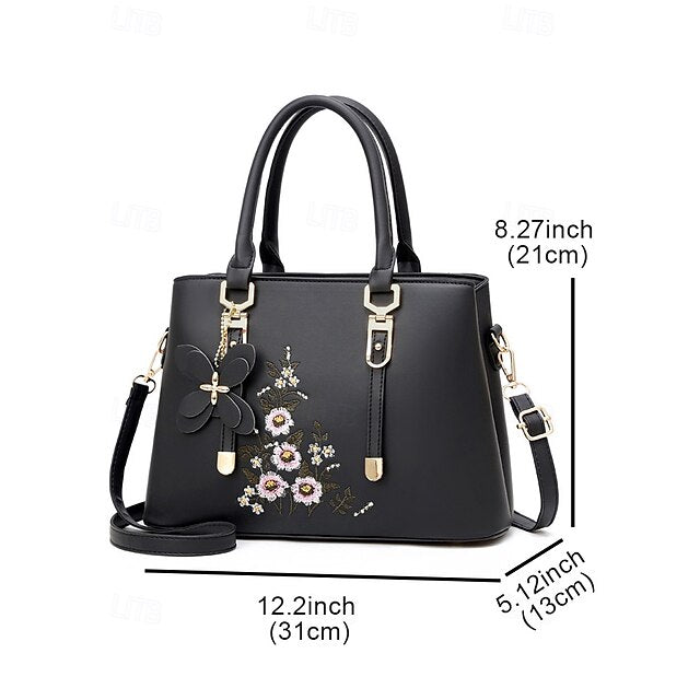 Embroidery Leather Faux Green Floral with Handbag Women's